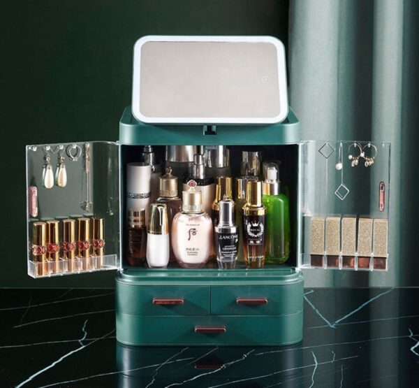 Cosmetic storage with a mirror